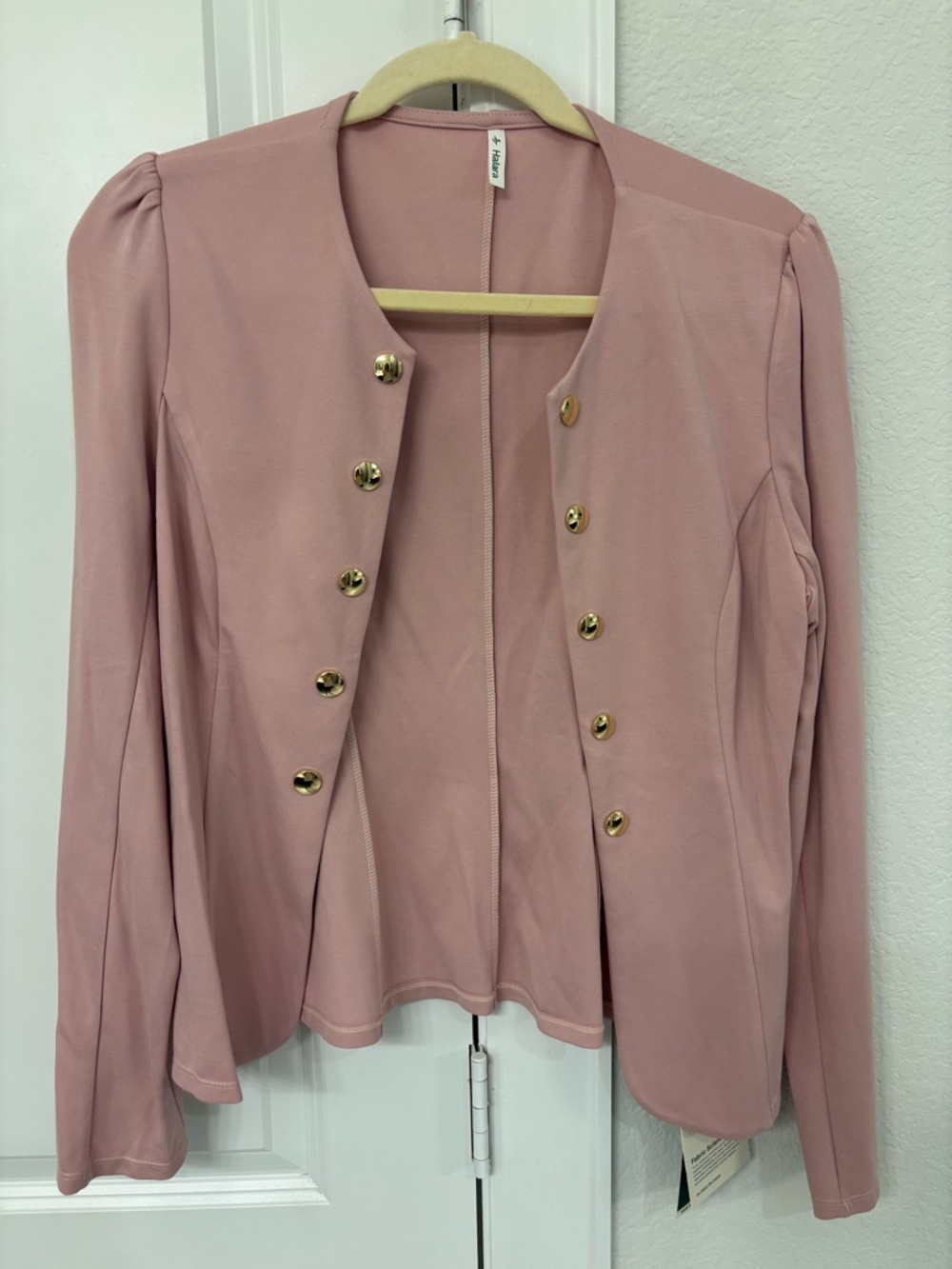 HALARA Blush Pink Open-Front Blazer with Gold Buttons